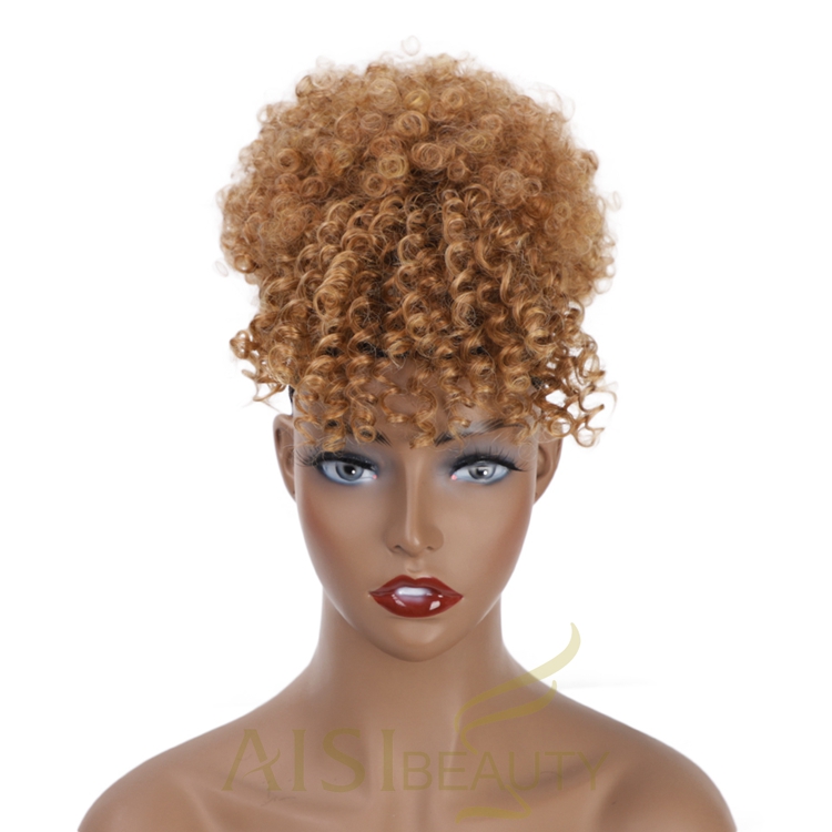 Aisi Beauty Popular New Design Wholesale Afro Fluffy Puff Brown Hairpiece Extension With Bangs Curly Afro Kinky Afro Hair Bun