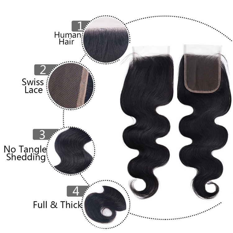 High Quality Top Grade 100% Human Hair Malaysian Unprocessed Virgin Hair Body Wave 4*4 Lace Closure