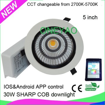 Made with SHARP COB 2700K to 5700K Android IOS APP control LED color changing downlight
