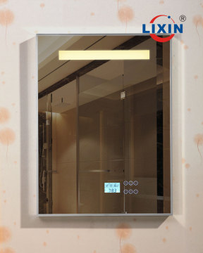 Rectangle shape wall hanging bathroom mirror, fogless mirror with clock,radio and bluetooth