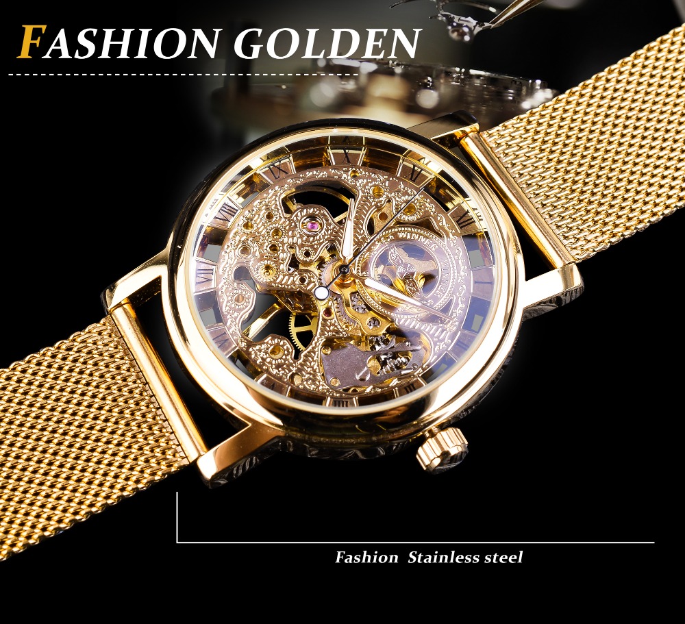 Top Brand Winner Thin Case Full Golden Watch Openwork Clock Mesh Band Men's Mechanical Watches Luminous Hands Relogio Masculino