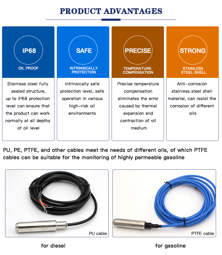 GLT500 1m 2m 3m 5m 4-20mA RS485 Submersible fuel kerosene gasoline oil diesel level sensor