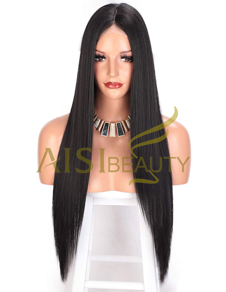 Aisi Beauty High Quality Vendor Cheap Long Straight Natural Black Wig Swiss Lace Synthetic Hair For Black Women Lace Front Wig