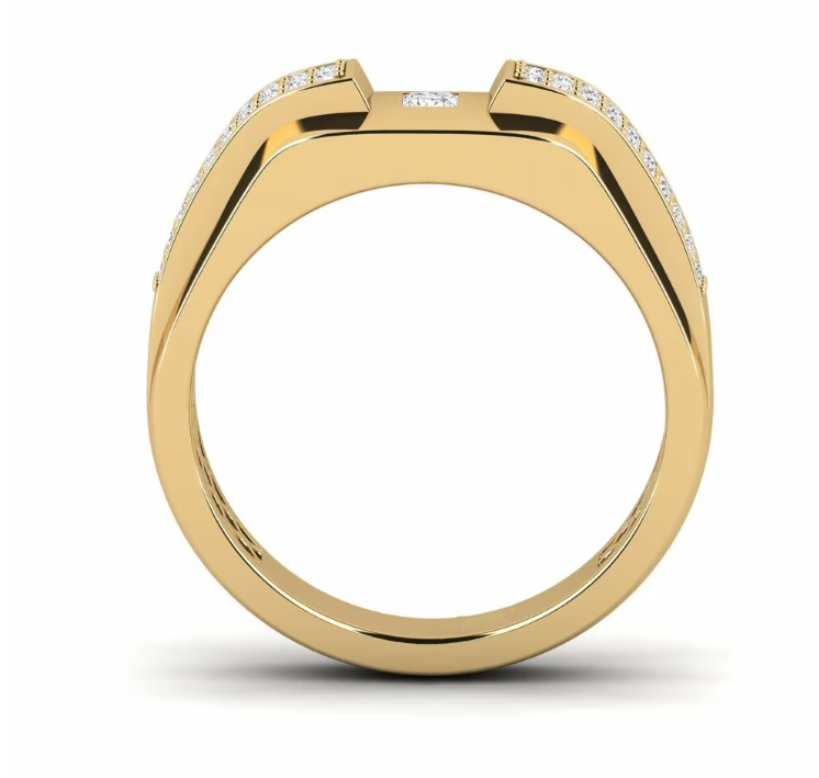 Perfil lateral de anillo de diamantes de laboratorio de oro para hombre con piedra central cuadrada al ras