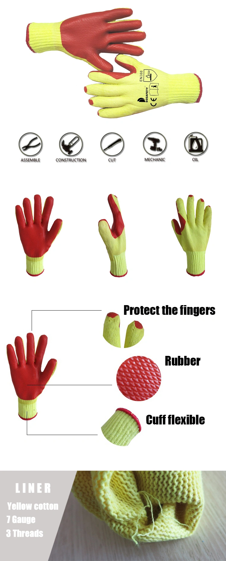 Fast Shipment Hand Glove with Red Rubber Coated for Construction