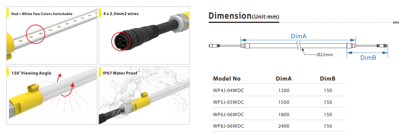 DC48V IP67 2400mm 2x6Watts CCT Switchable T6 Lamps 0-10V Dim Flicker-free