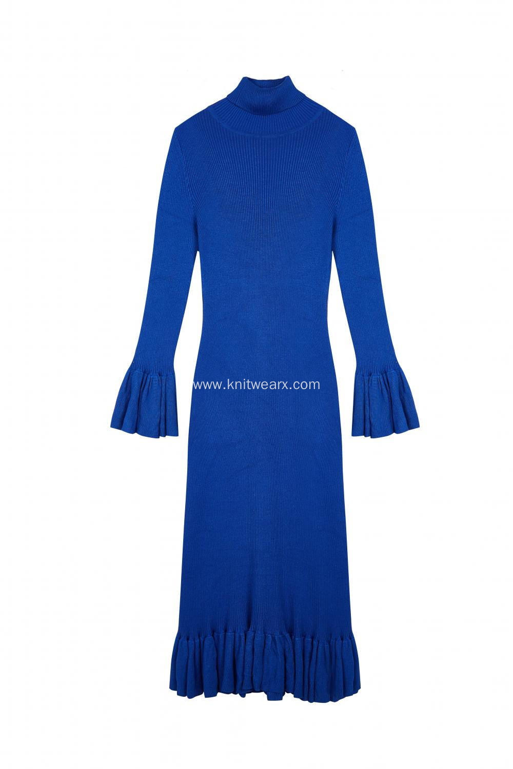 Women's Knitted Ribbed Stretchable Bell Sleeve Long Dress