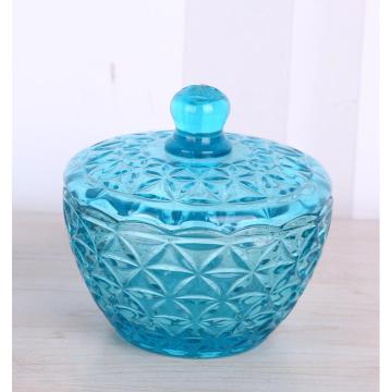 Blue Engraved Glass Candy Jar Storage Box With Lid