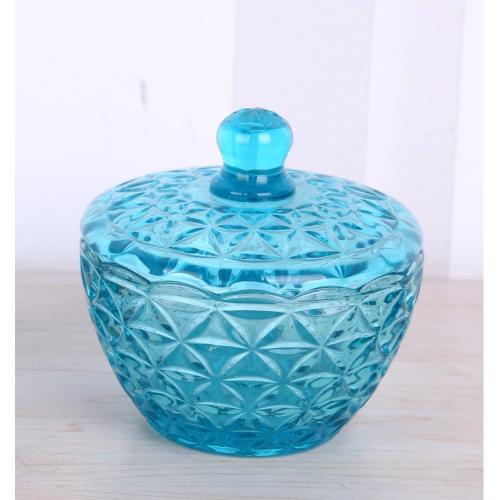 Blue Engraved Glass Candy Jar Storage Box With Lid