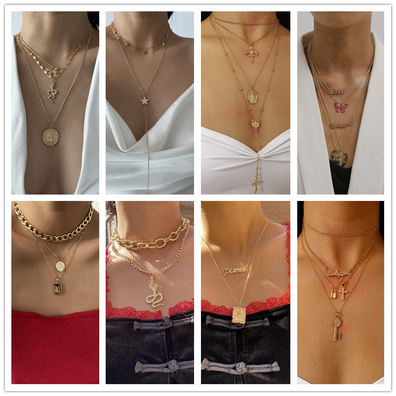 women's gold pendant necklaces,creative lady multilayer charm necklaces