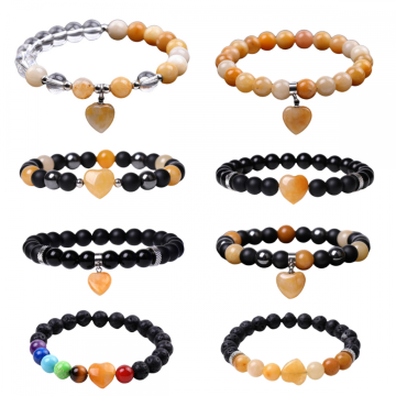 8Pc a Set Gemstone Round Beads With Charm Heart Bracelet 7 Charka Healing Crystal Beads Stretch Bracelet for Women Men