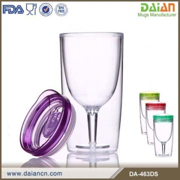 Acrylic double wall wine glass with lid and straw