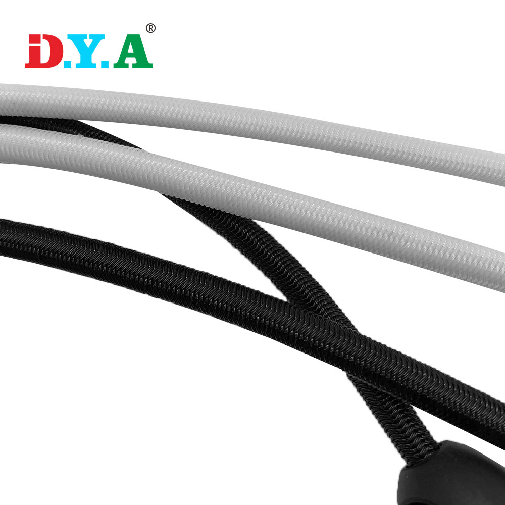 Dostosowywany wysokiej jakości linowa linowa polietylenowa z bungee z autolokiem z plastiku czarno -biały okrągły sznur z plastikowymi haczykami