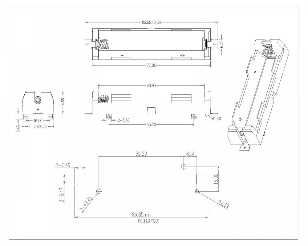 BBC-M-GO-A-18650-130 Suporte de bateria para 18650 SMT