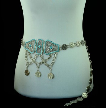 High Quality Popular Fashion Silver Blue Beads Chain Tassel Belt