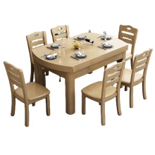 Traditional Solid Wood 6-Seater Luxury Dining Table Set with Extensible Table and 6 Chairs for Home