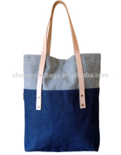 Custom large denim tote bag with leather trim