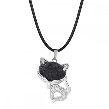 Lava Rock Stone Luck Fox Necklace for Women Men Healing Energy Crystal Amulet Animal Pendant Gemstone Jewelry Gifts