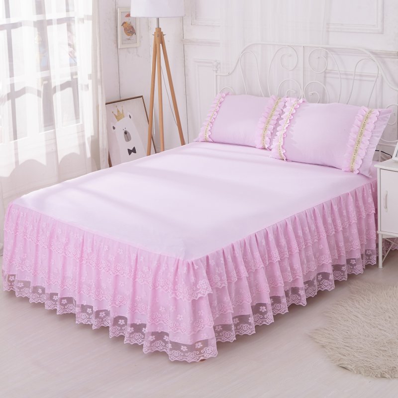 Pure color simple washed lace bedcover bedskirt sets