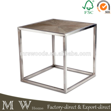 Industrial style square end table, recycled elm antique wood end table, stainless steel end table