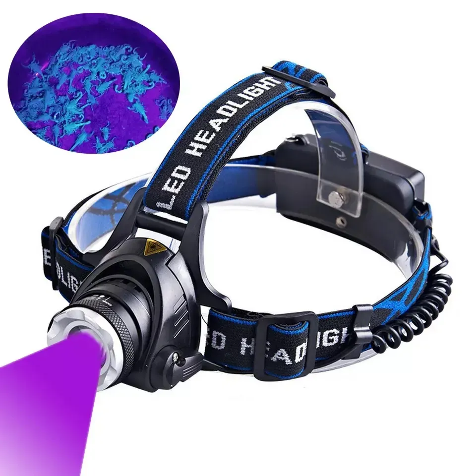 Rechargeable UV Headlamp with 395nm LED for Night Fishing and Scorpion Hunting