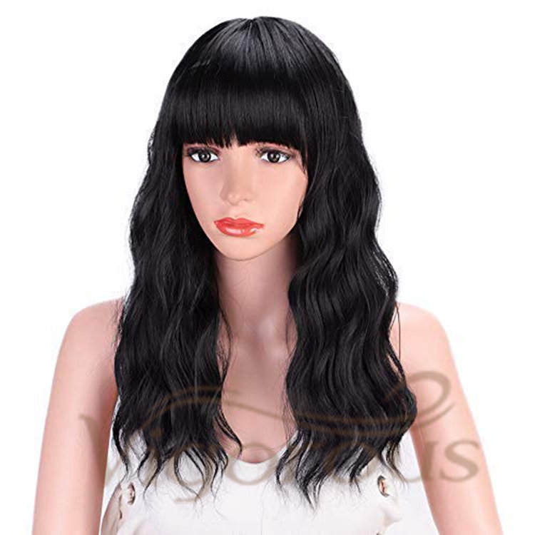 Vigorous Best Selling Wholesale Black Body Wave Middle Long With Neat Bangs Machine Made For Black Women Synthetic Hair Wigs