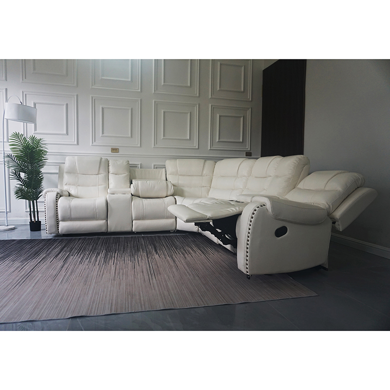 White PU Leather Manual Corner Recliner Sofa