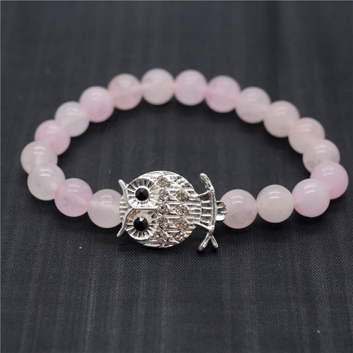 Rose Quartz 8MM Round Beads Stretch Gemstone Bracelet with Diamante alloy Owl Piece