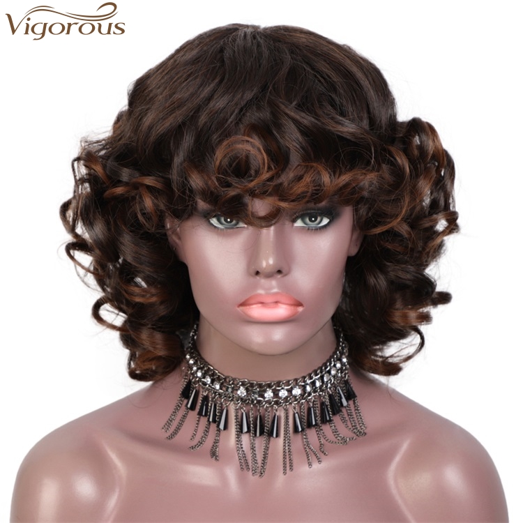 Vigorous Short Curly Wig With Bangs For Black Women Mixed Black And Brown Glueless Party Wig Synthetic Heat Resistant Hair Wig