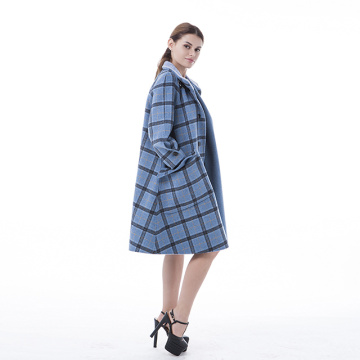 Blue checked cashmere coat with stand collar