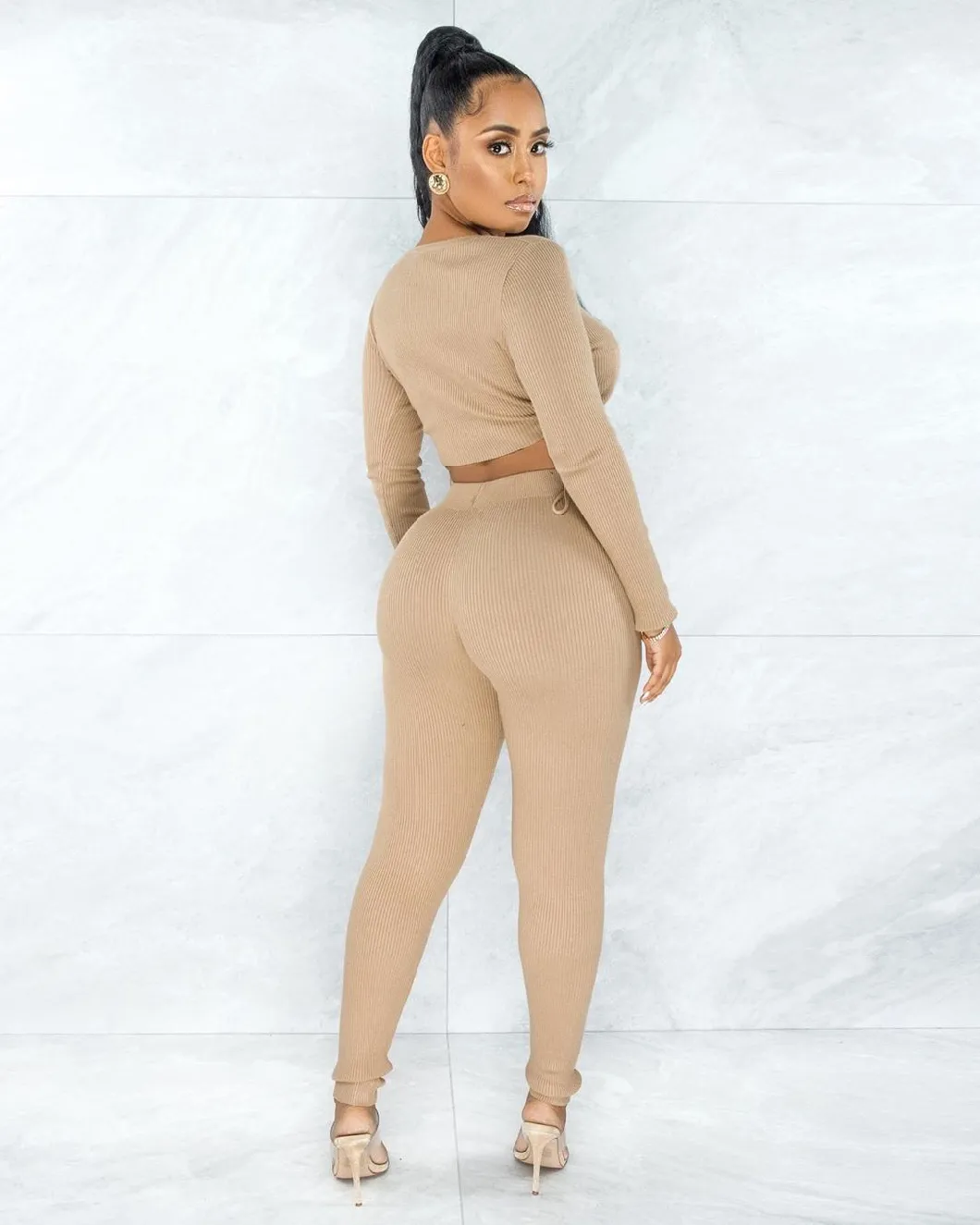 Popular Fall Autumn Jumpsuit Two Piece Crop Top and Long Pants Sexy Romper Jump Suit Women Khaki Bodycon Jumpsuit