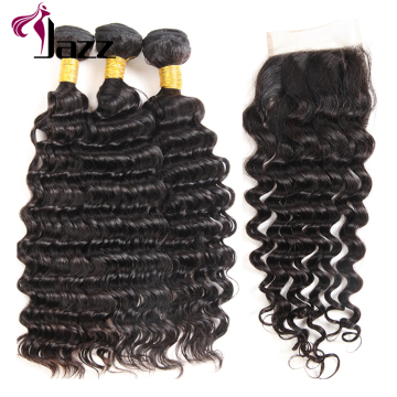 Peruvian deep wave hair bundles with closure, brazilian pineapple wave hair