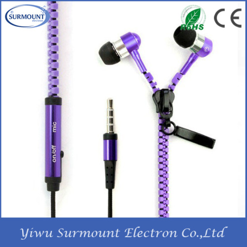 2015 Hot Sale OEM Cheap Metal Zipper Handsfree Earphone for Mobile Phone