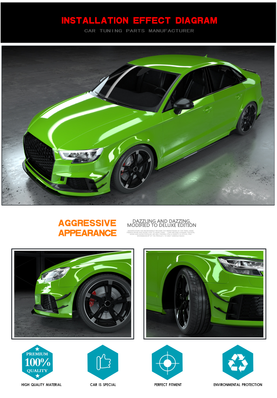 JC Sportline Carbon Fiber RS3 Front Canards Fins for Audi RS3 8V Sedan 2017-2019