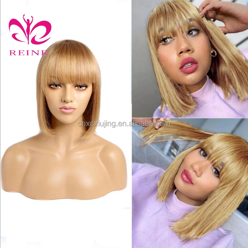 Brazilian Short Fringe Wig Human Hair Bob Wig With Bangs For Women Machine Made Straight Blonde  Bob Human Hair Wigs With Bang