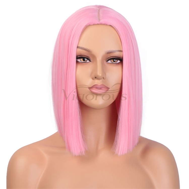 Vigorous Pink Wig Synthetic Straight Hair Middle Part Shoulder Length Bob Wigs for Women Colorful Fashion Bob Wigs