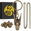 Dragon Head Necklace with Mini Dice Set, Tiny 7pcs Polyhedral DND Dice Set in Dragon Head Metal Cage Portable Keychain Necklace