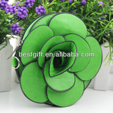 PU flower shape coin purse, small zipper coin purse, green flower zipper coin purse with handle