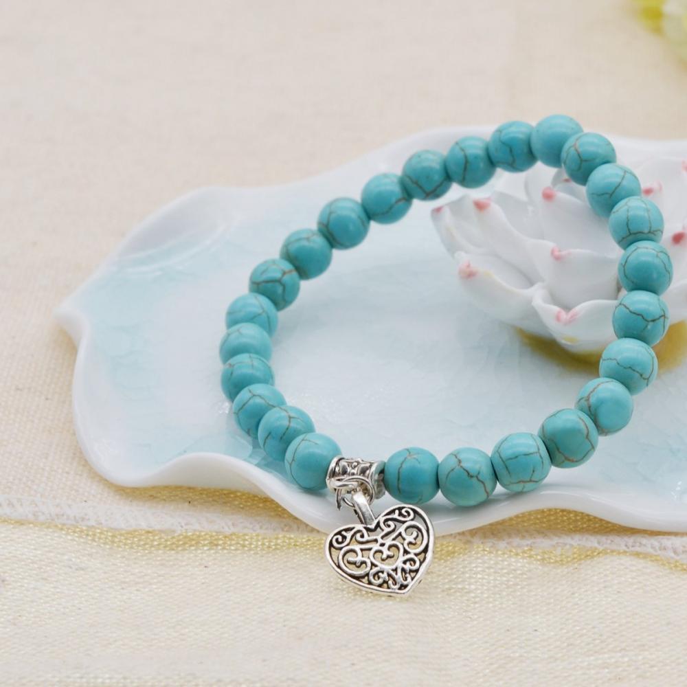 Bracelet de breloques de perles rondes de pierres précieuses turquoise naturelle de 8MM avec coeur en alliage