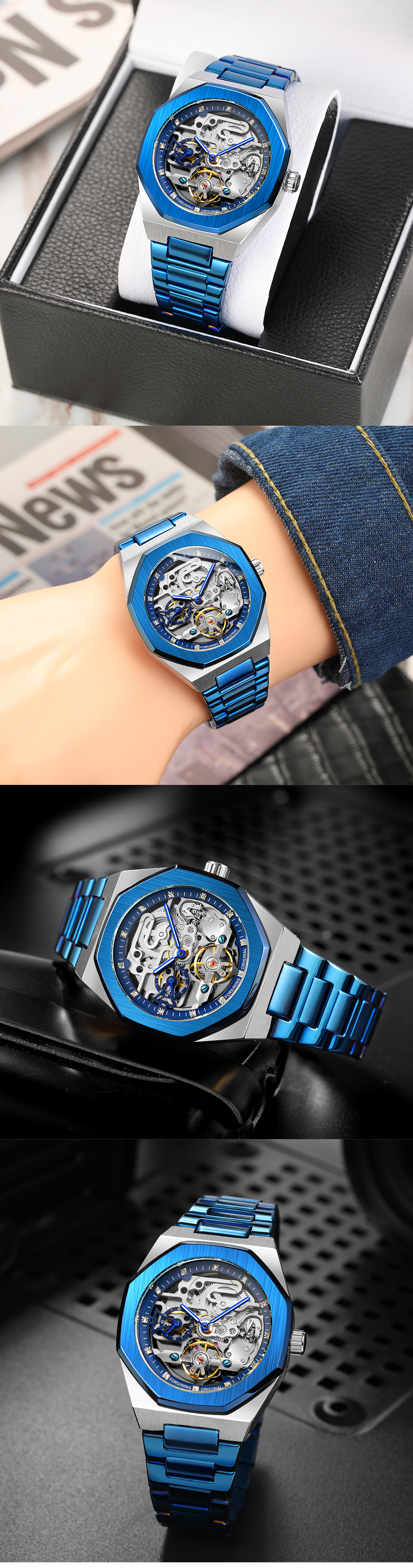 Forsining 375 Color Band Steel Mechanical Watches Luxury Tourbillon Relojes Automatic Watch Men