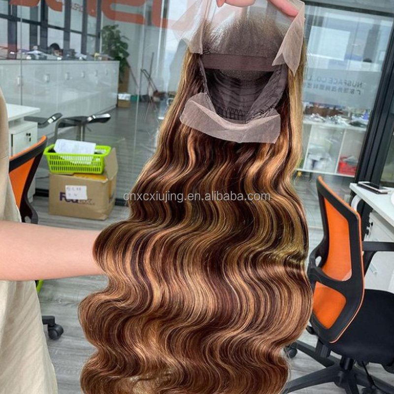 REINE Design Honey Blonde Highlight Wigs,Color 4/27 Highlight Lace Frontal Human Hair Full Lace Frontal Wigs,Brown Highlight Wig