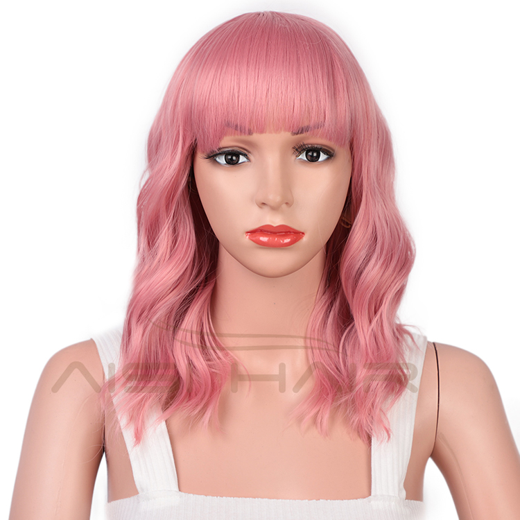 Aisi Hair Wholesale Top Quality Short Bob Pink Wig With Neat Bangs Synthetic Short Curly Wave Wigs For Black Women