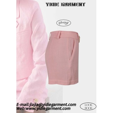 Women's Pink High-waisted Linen Pleated Shorts