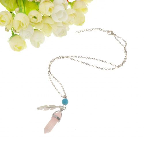 Rose Quartz Feather Hexagonal Prism Pendant Necklace