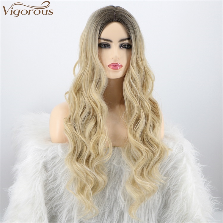 Vigorous Top Quality Long Ombre Blonde Body Wavy Wigs Middle Part Synthetic Fiber Wigs For Black Women Heat Resistant Wholesales