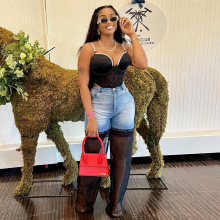 2024 Women's Summer New Arrival Denim Jeans with Color Wash, Blocked Splicing, and Mesh Details