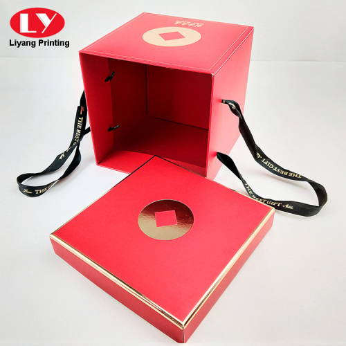 Foldable Paper Handle Gift Box With Grosgrain Ribbon