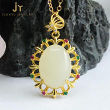 High-Quality White Hetian Jade Pendants with Gold Plated Brass Zircon in Luxurious Natural Stone Fashion Jewelry