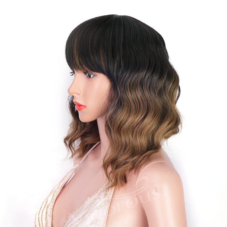 Black Root Ombre Bob Cut Fiber Lace Front Loose Wave Ombre For Women Short Synthetic Hair Brown Wigs High Quality