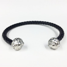 Mens Lion Head Black Leather Cuff Bangle Bracelet